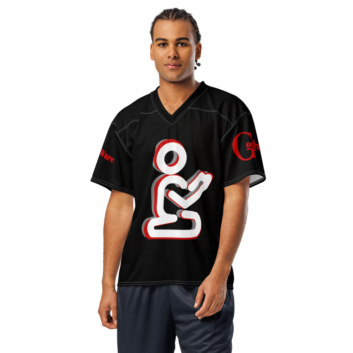 Yahweh Christian football jersey in black featuring a white praying figure and red accents, promoting faith in style.