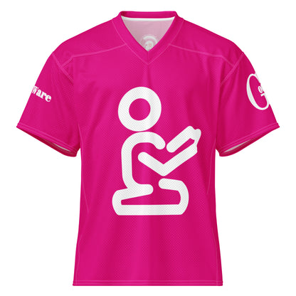 Yahweh Christian Football Jersey in bright pink featuring a white kneeling prayer graphic and GodWare branding.