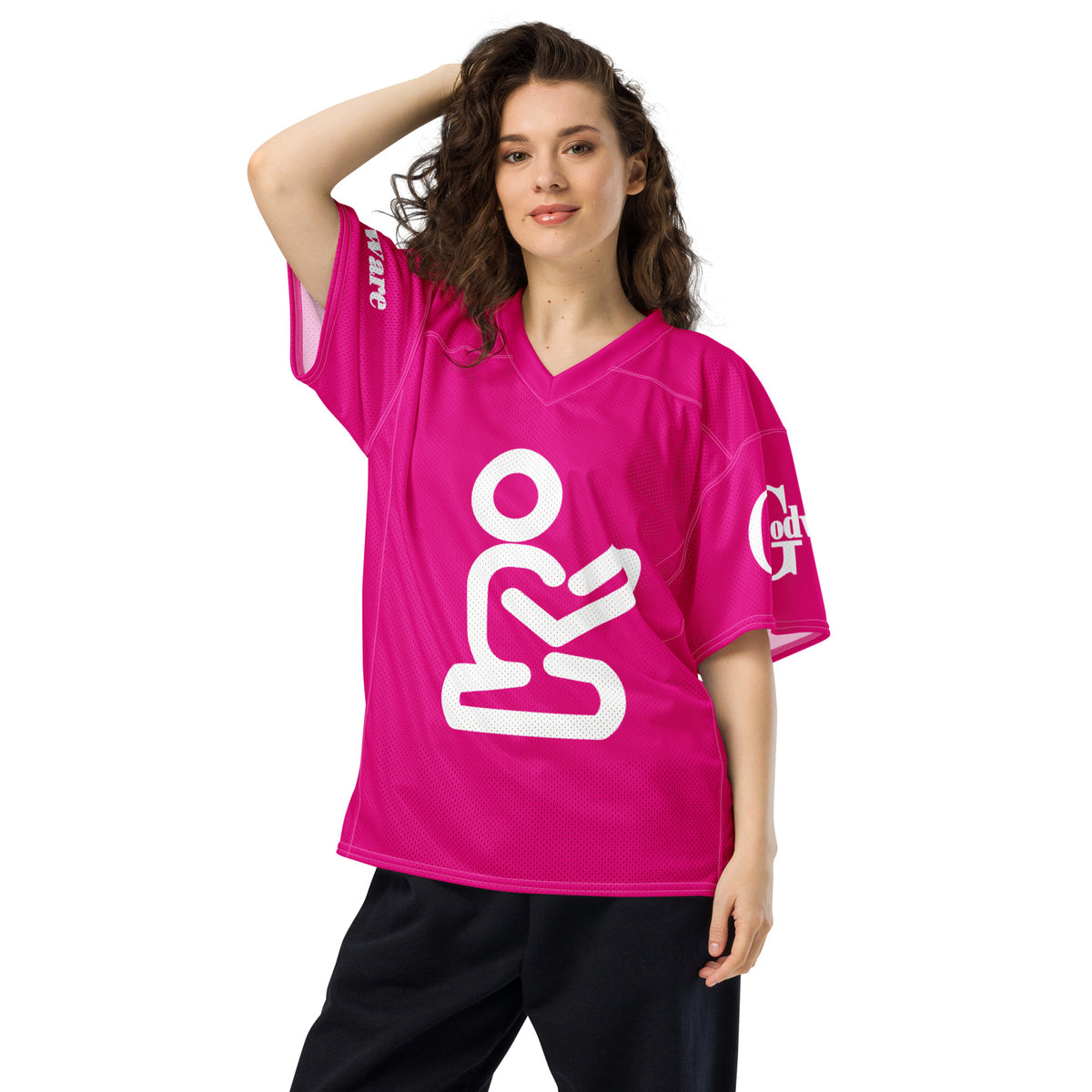Yahweh Christian Football Jersey in bright pink with white kneeling prayer graphic, trendy and bold faith wear.