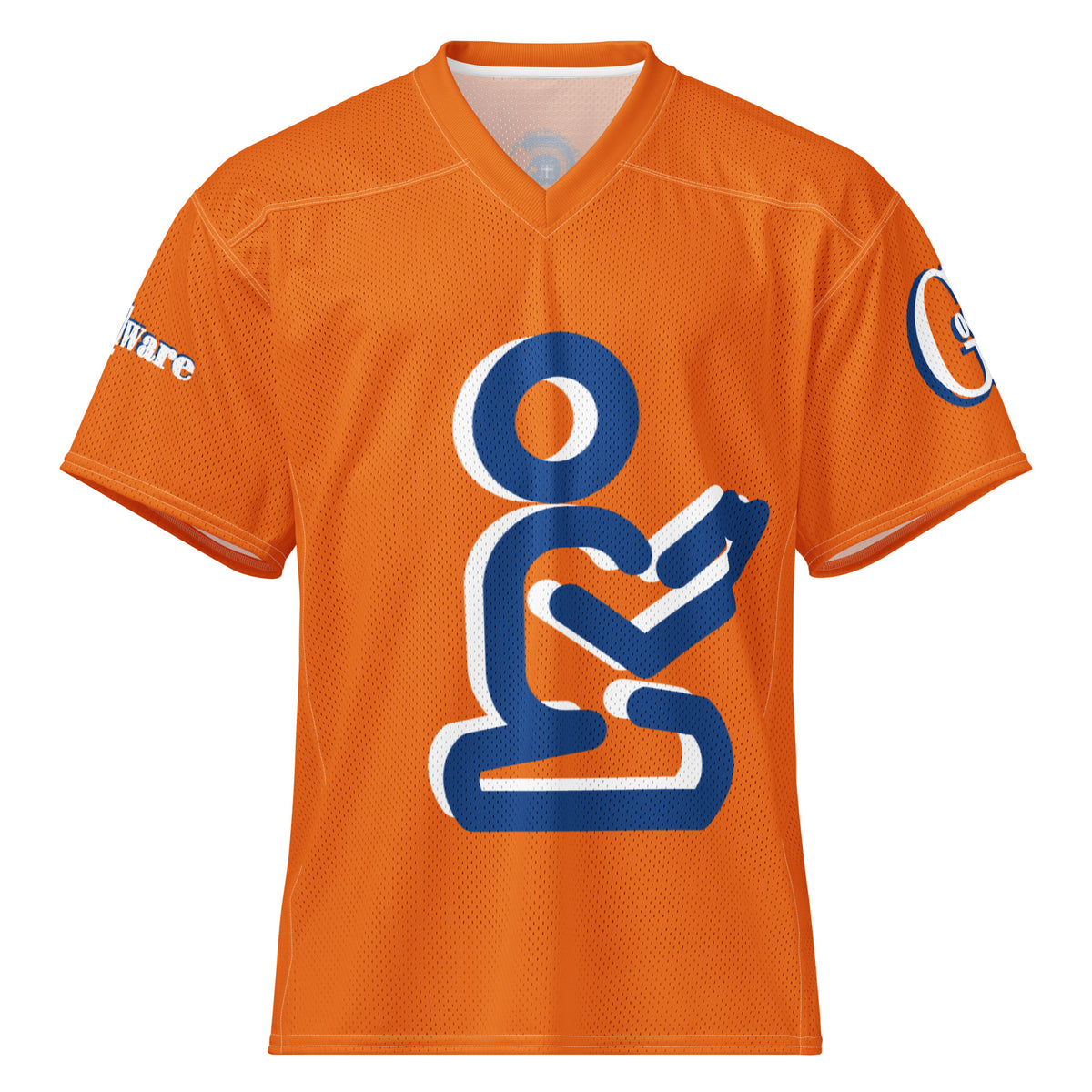 Christian Yahweh football jersey in orange with blue design for stylish, casual faith-based wear.