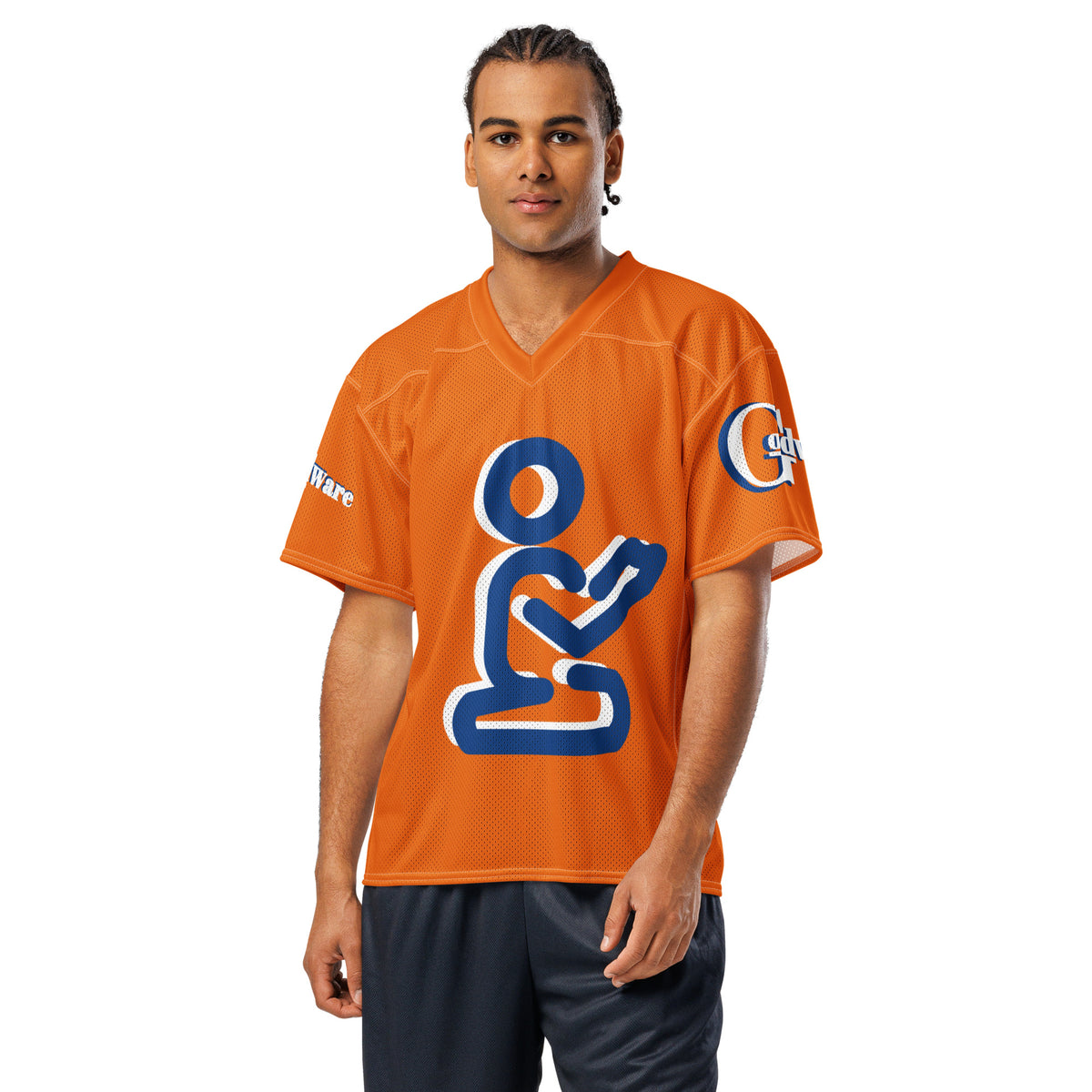 Christian Yahweh Football Jersey in orange with blue design, perfect for casual wear and showing faith.