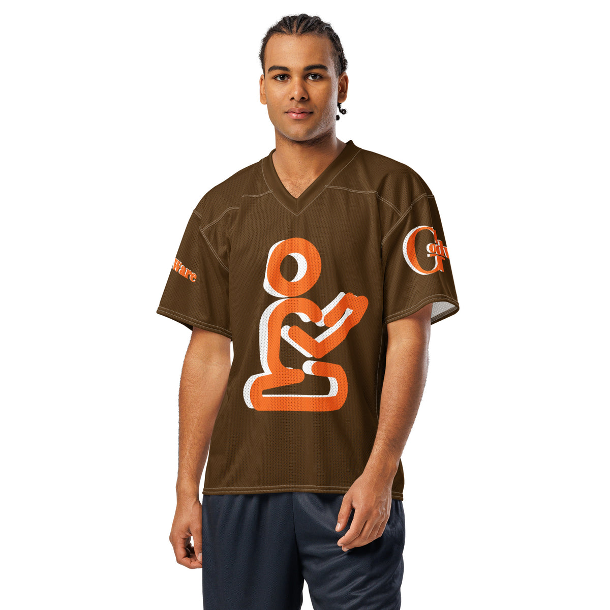 Christian Yahweh football jersey in brown with orange logo on a male model.