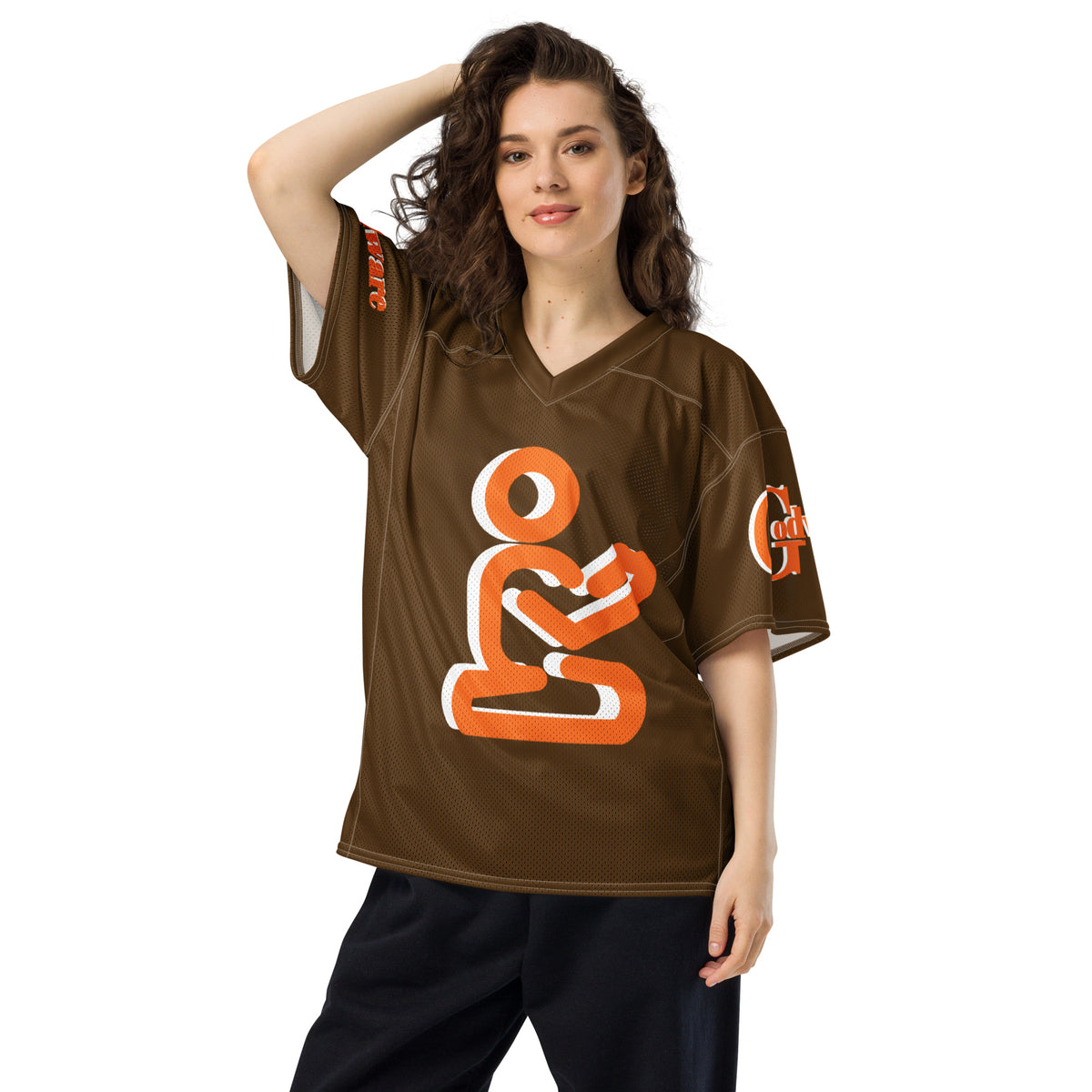 Christian Yahweh football jersey in orange and white on brown, perfect for showcasing your faith.