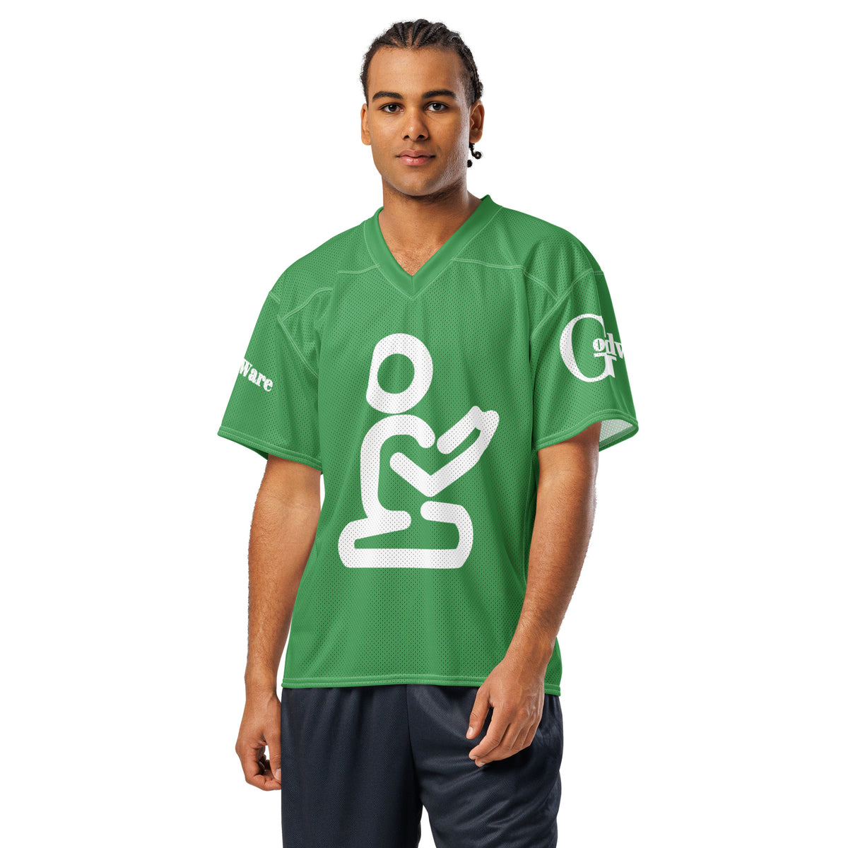 Man wearing a green Christian football jersey with a praying figure design, showcasing faith in style.