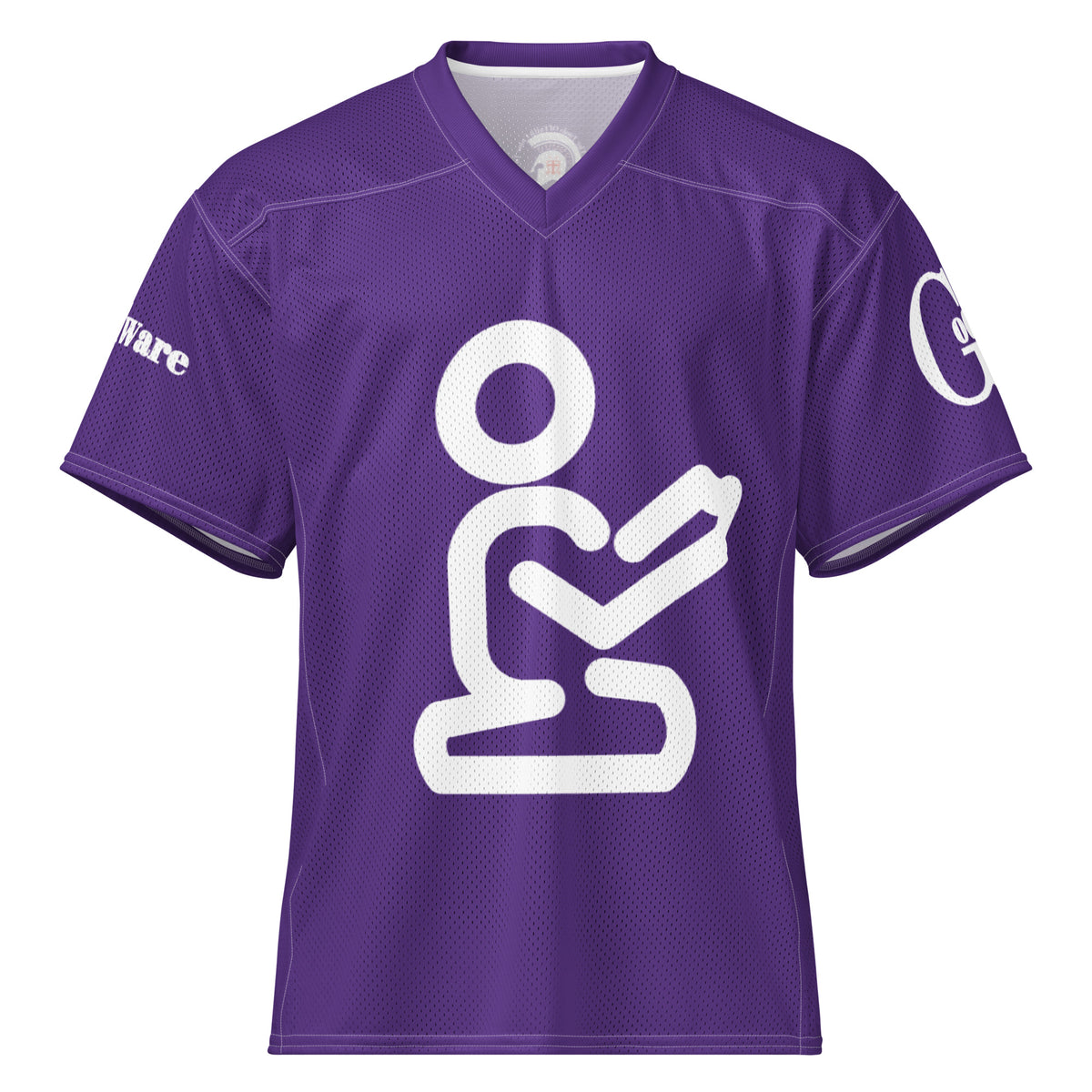 Yahweh Christian football jersey in purple and white with a praying figure graphic, perfect for warm-weather wear.