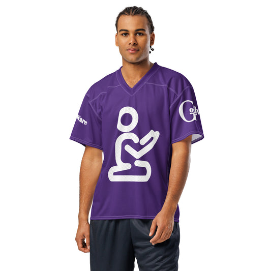 Christian purple football jersey with prayer icon, breathable fabric for warm weather comfort.