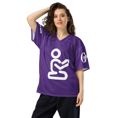 Christian football jersey in purple worn by a woman, showcasing breathable mesh design and loose fit.