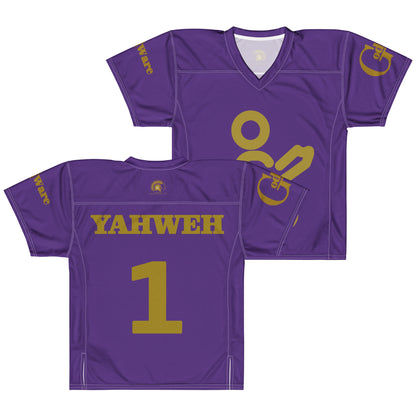 Yahweh Christian football jersey in purple and gold with praying figure and YAHWEH lettering.