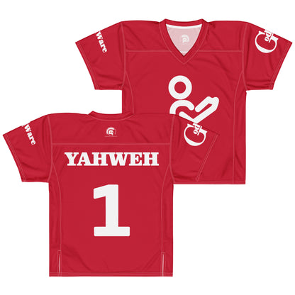 Christian Yahweh football jersey in red and white with praying figure and white lettering.