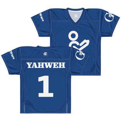 Yahweh Christian football jersey in royal blue and white with number 1 and logo, perfect for conveying faith.