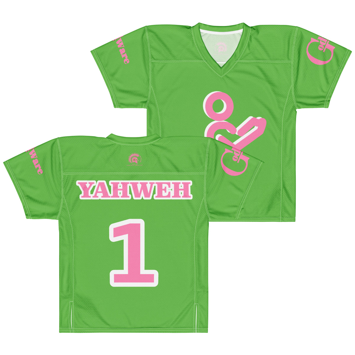 Bright green Christian football jersey featuring pink YAHWEH lettering and number 1, showcasing vibrant faith-inspired design.