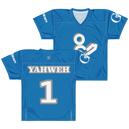 Yahweh Christian football jersey in medium blue and white with praying figure and GodWare branding.