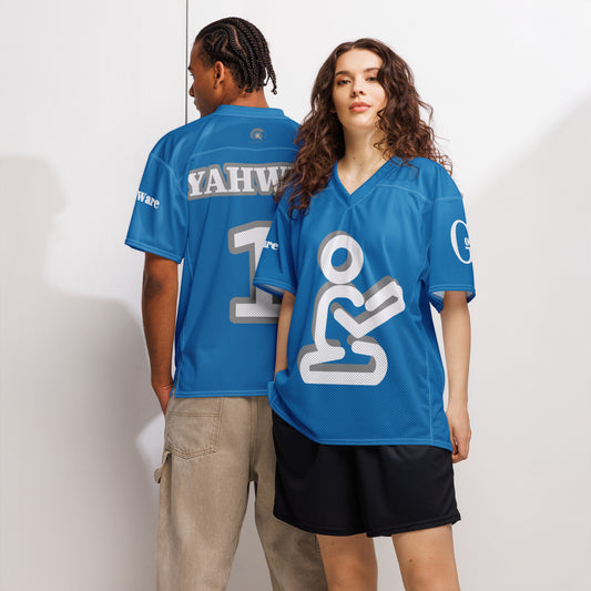 Christian football jersey in medium blue featuring YAHWEH lettering and praying figure design.