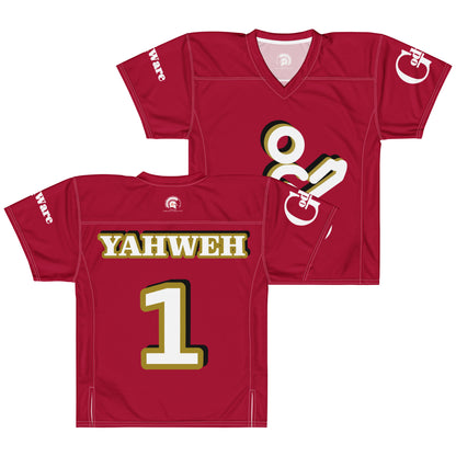 Yahweh Christian football jersey in red with white lettering and gold accents, showcasing bold faith-inspired design.