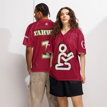 Yahweh Christian football jersey in red with white and gold accents, featuring a praying figure design.