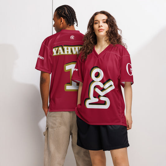 Yahweh Christian football jersey in red with white and gold accents, featuring a praying figure design.