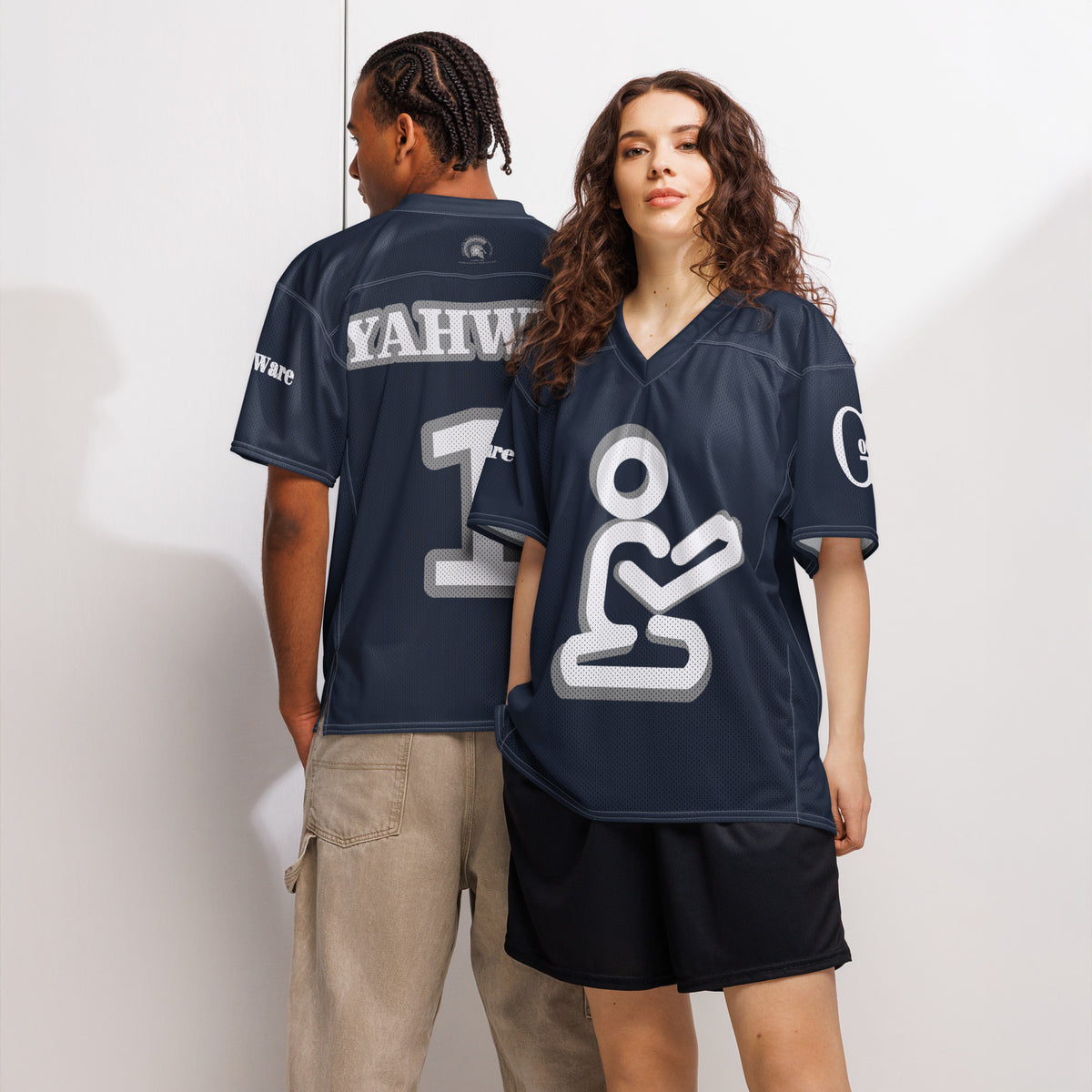Image of Yahweh Christian football jersey in navy blue and white, featuring praying figure and YAHWEH lettering.