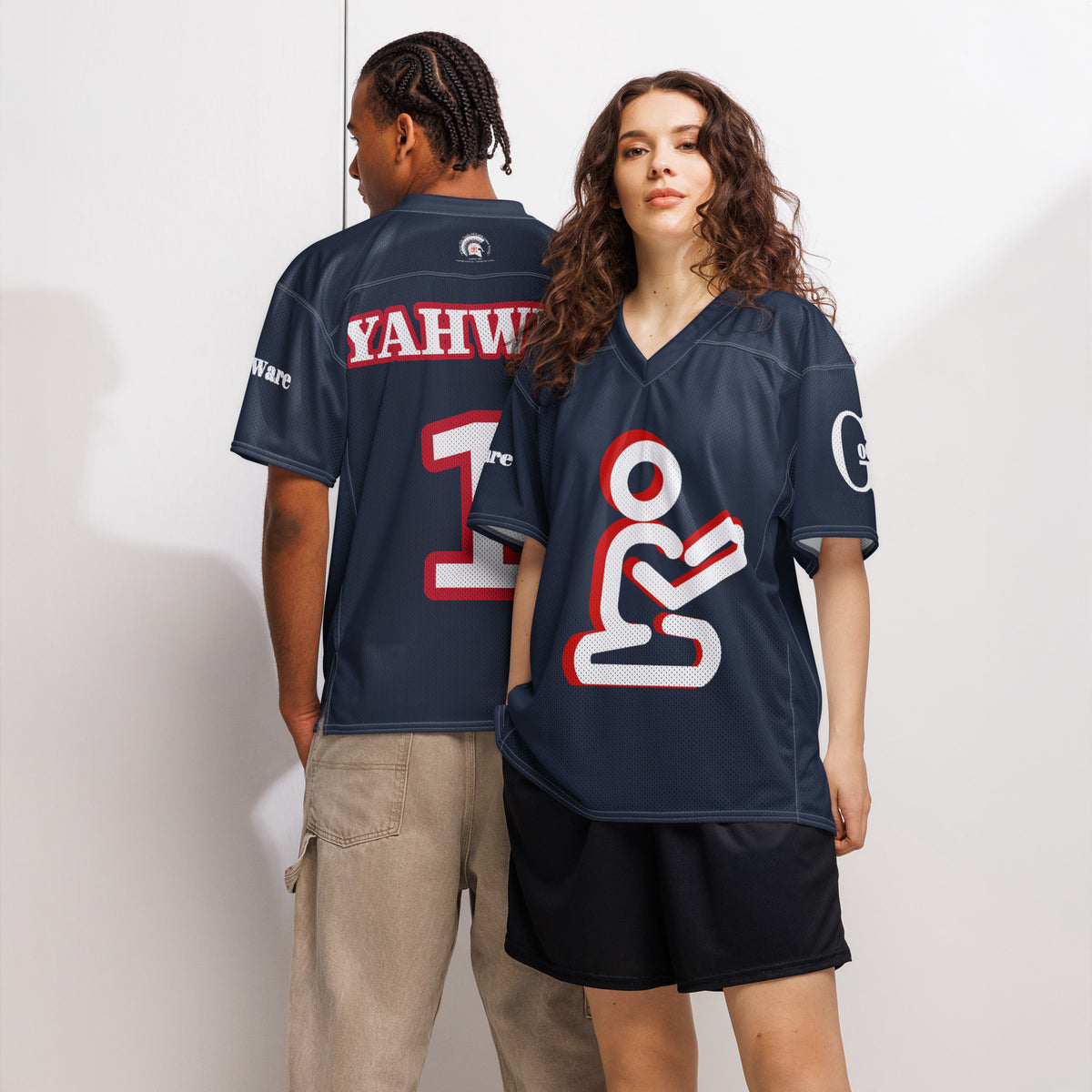 Christian Yahweh football jersey in navy blue with red and white details, featuring a praying figure design.