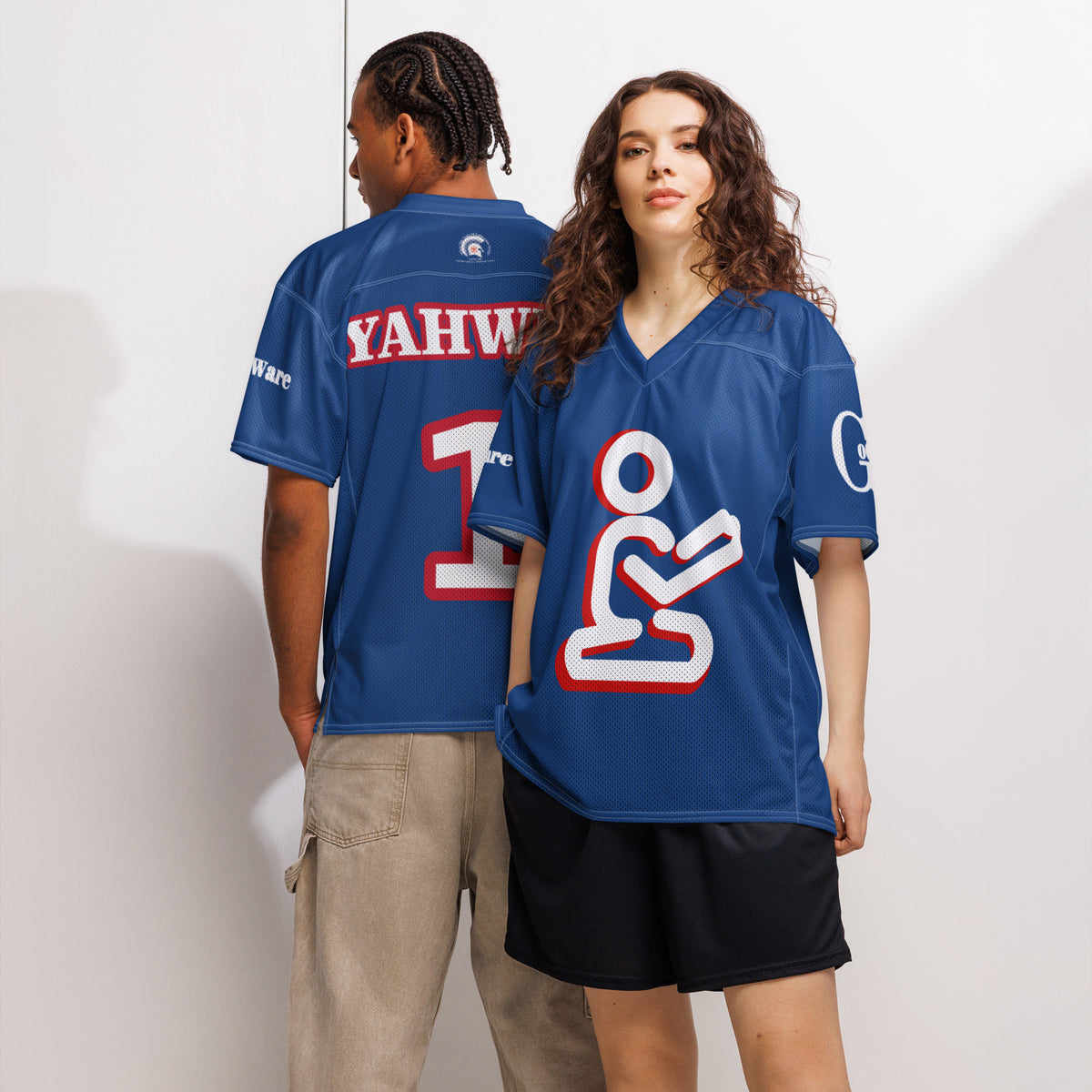 Two models wearing Yahweh Christian football jersey in royal blue with white and red accents, showcasing faith-themed design.