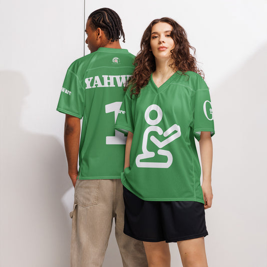 Yahweh Christian football jersey in green and white, showcasing a stylish design with figures praying.