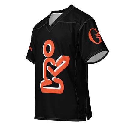 Yahweh Christian football jersey in black with dark orange praying figure design, bold statement of faith.