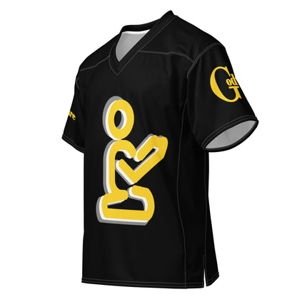 Yahweh Christian football jersey in black featuring a yellow praying figure and GodWare branding.