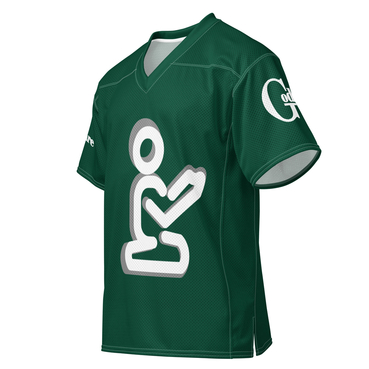 Yahweh Christian football jersey in green featuring a white praying figure and GodWare branding.