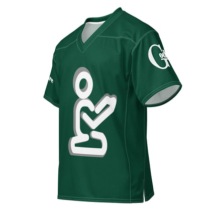 Yahweh Christian football jersey in green featuring a white praying figure and GodWare branding.