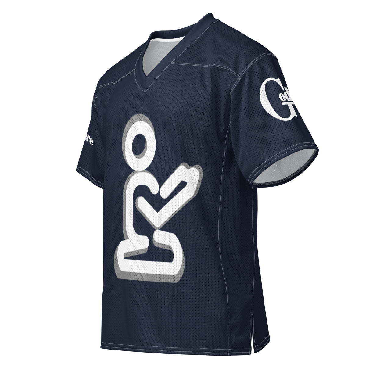angled front with large sleeve logo: “Angled front view of navy Christian football jersey with white prayer artwork and GodWare sleeve logo