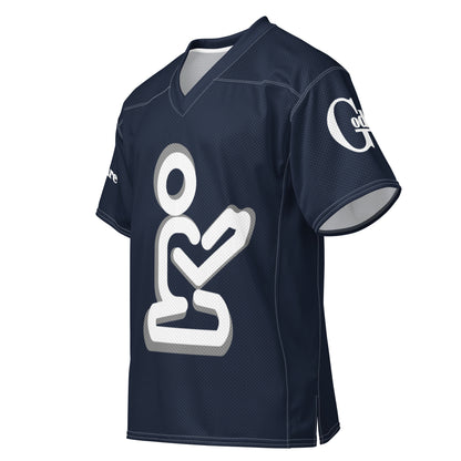angled front with large sleeve logo: “Angled front view of navy Christian football jersey with white prayer artwork and GodWare sleeve logo