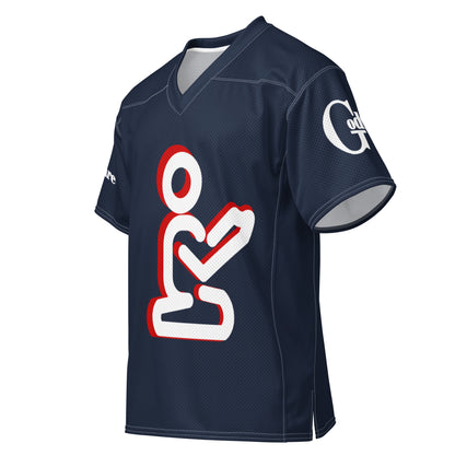 Angled front view of navy Christian football jersey with prayer artwork and GodWare sleeve logo