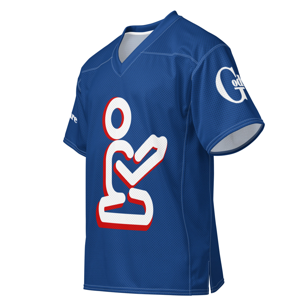 Angled front view of royal blue Christian football jersey with prayer artwork and GodWare sleeve logo