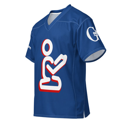 Angled front view of royal blue Christian football jersey with prayer artwork and GodWare sleeve logo