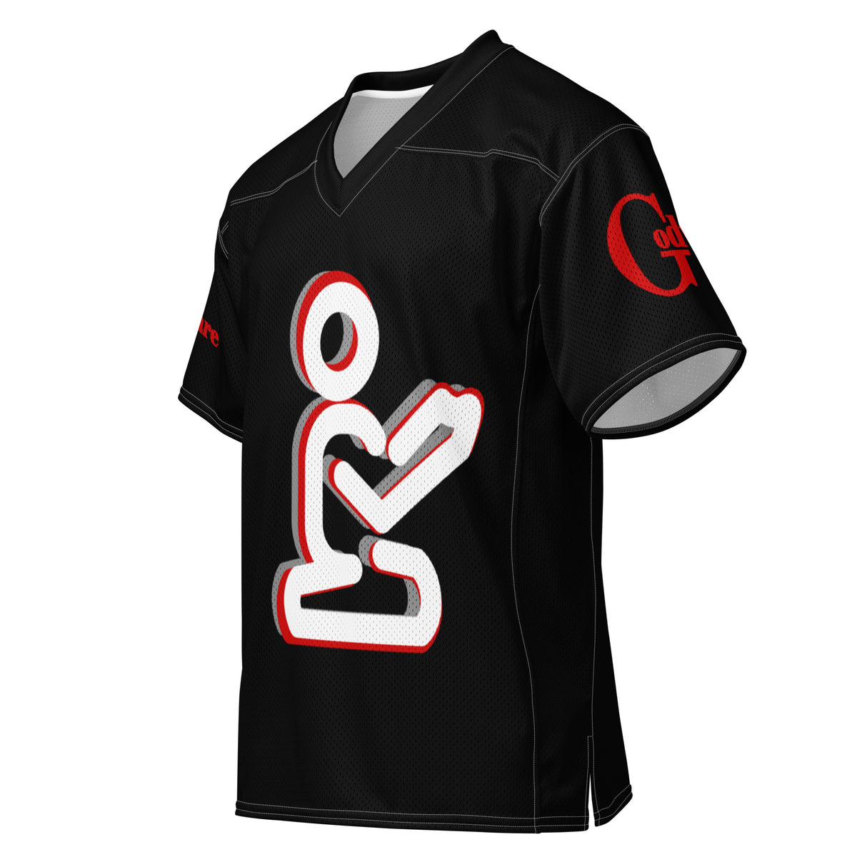 Yahweh Christian football jersey in black featuring white praying figure and red accents, showcasing bold design elements.