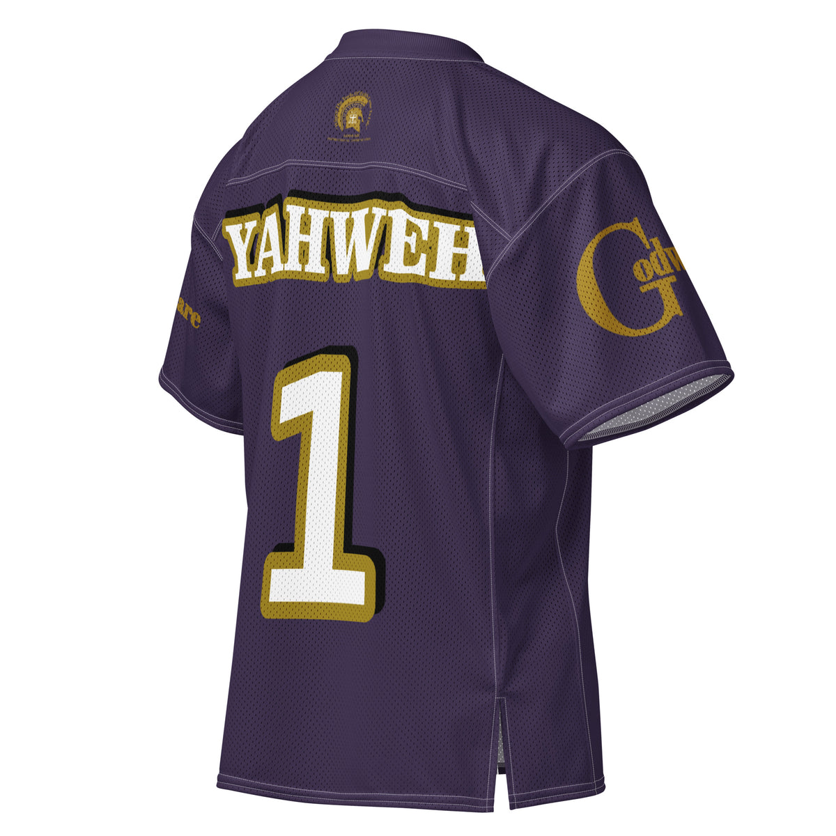 Back view of Yahweh Christian football jersey in purple featuring gold YAHWEH lettering and number 1.