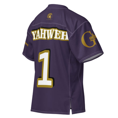 Back view of Yahweh Christian football jersey in purple featuring gold YAHWEH lettering and number 1.