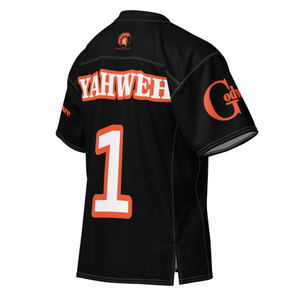 Christian Yahweh football jersey in black with orange accents, featuring YAHWEH and number 1 on the back.
