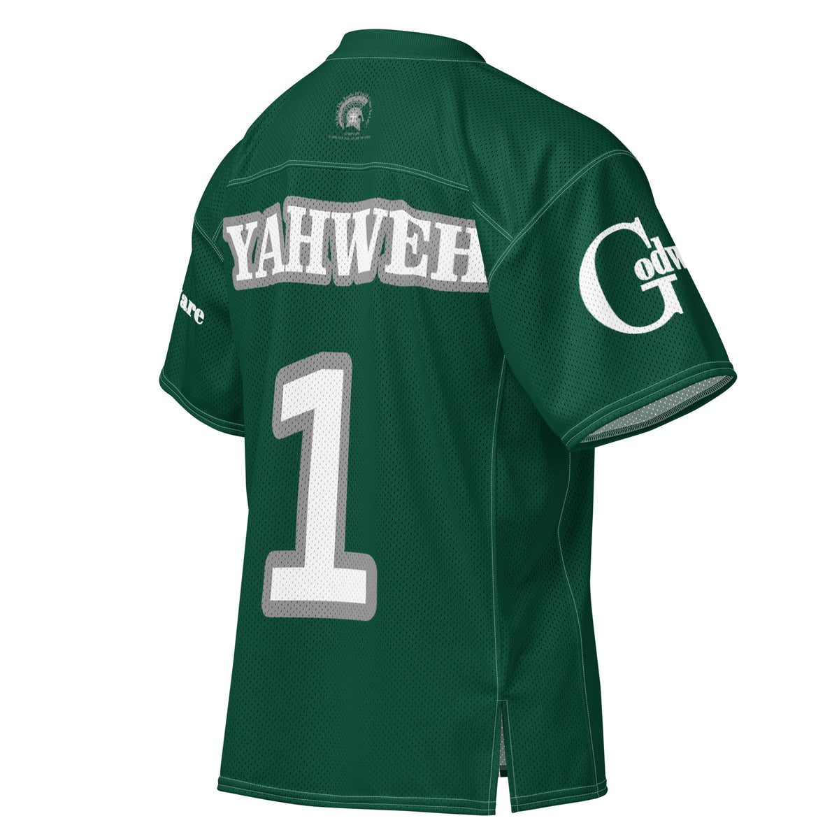 Christian Yahweh football jersey in deep green with white lettering and gray accents on the back.
