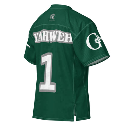 Christian Yahweh football jersey in deep green with white lettering and gray accents on the back.