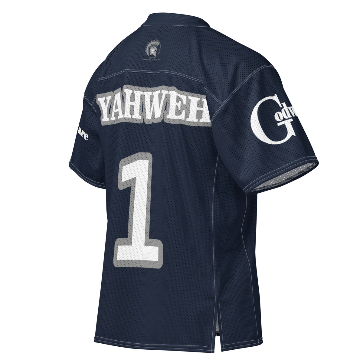 Christian Yahweh football jersey in navy blue featuring white lettering and number 1 design.