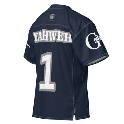 Christian Yahweh football jersey in navy blue featuring white lettering and number 1 design.