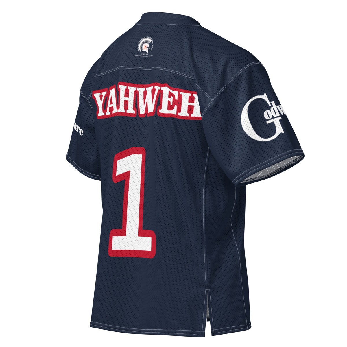 Christian Yahweh football jersey showcasing navy, red, and white colors with bold lettering and number 1 on the back.
