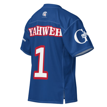 Yahweh Christian football jersey in royal blue with red and white details, featuring bold lettering and number 1.