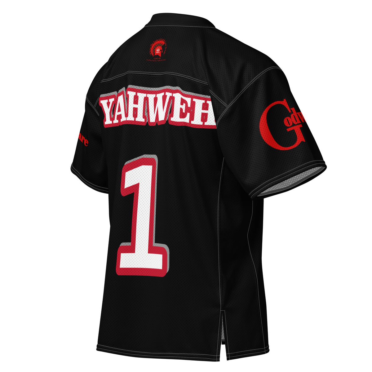 Yahweh Christian football jersey featuring bold lettering and number 1, designed for game-day style.