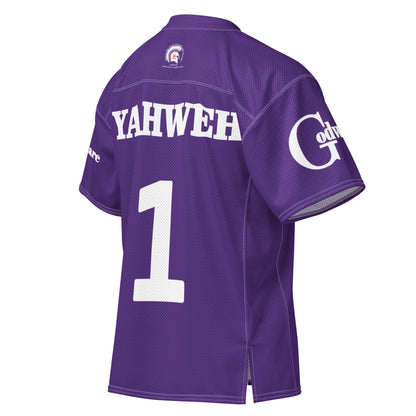 Purple Yahweh Christian football jersey featuring breathable mesh and side slits for comfort and movement.