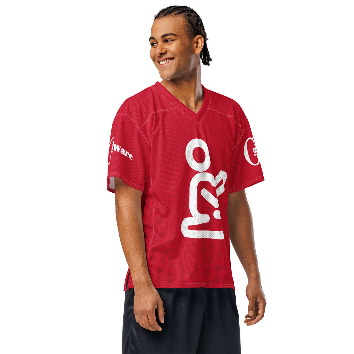 Christian football jersey in bold red with white praying figure and GodWare branding.