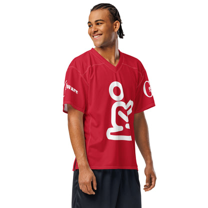 Christian football jersey in bold red with white praying figure and GodWare branding.