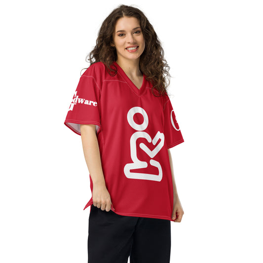 Christian Yahweh football jersey in red with white praying figure and GodWare branding on sleeves.