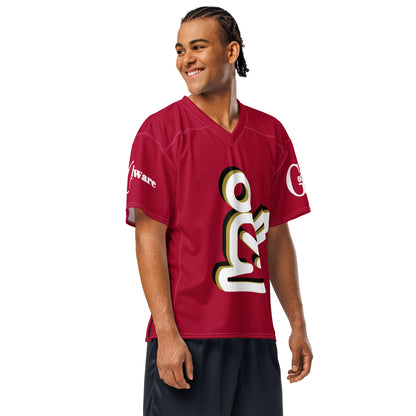 Christian football jersey in red with gold accent, featuring YAHWEH lettering and a praying figure design.