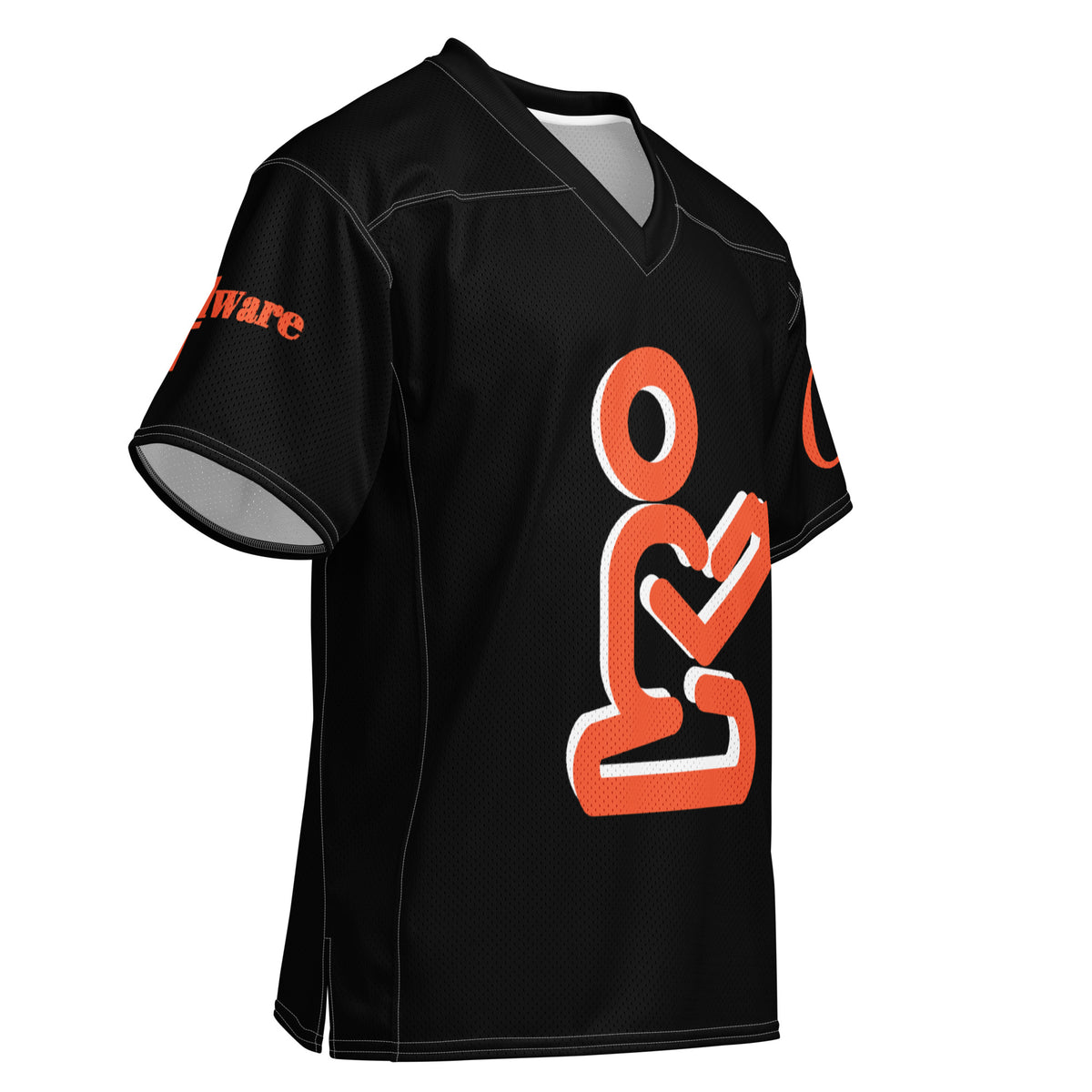 Christian football jersey in black with dark orange praying figure and GodWare branding.